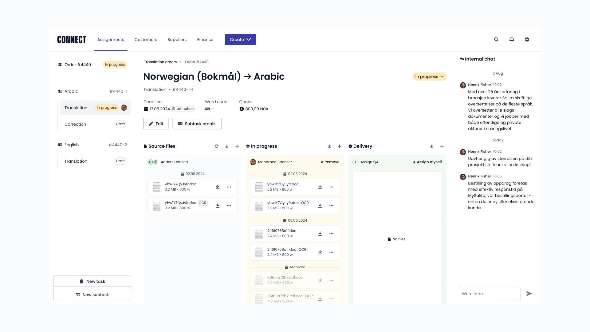 Translation order in Connect with Norwegian-to-Arabic subtasks, source files moving through in-progress and delivery columns, and an internal chat panel.