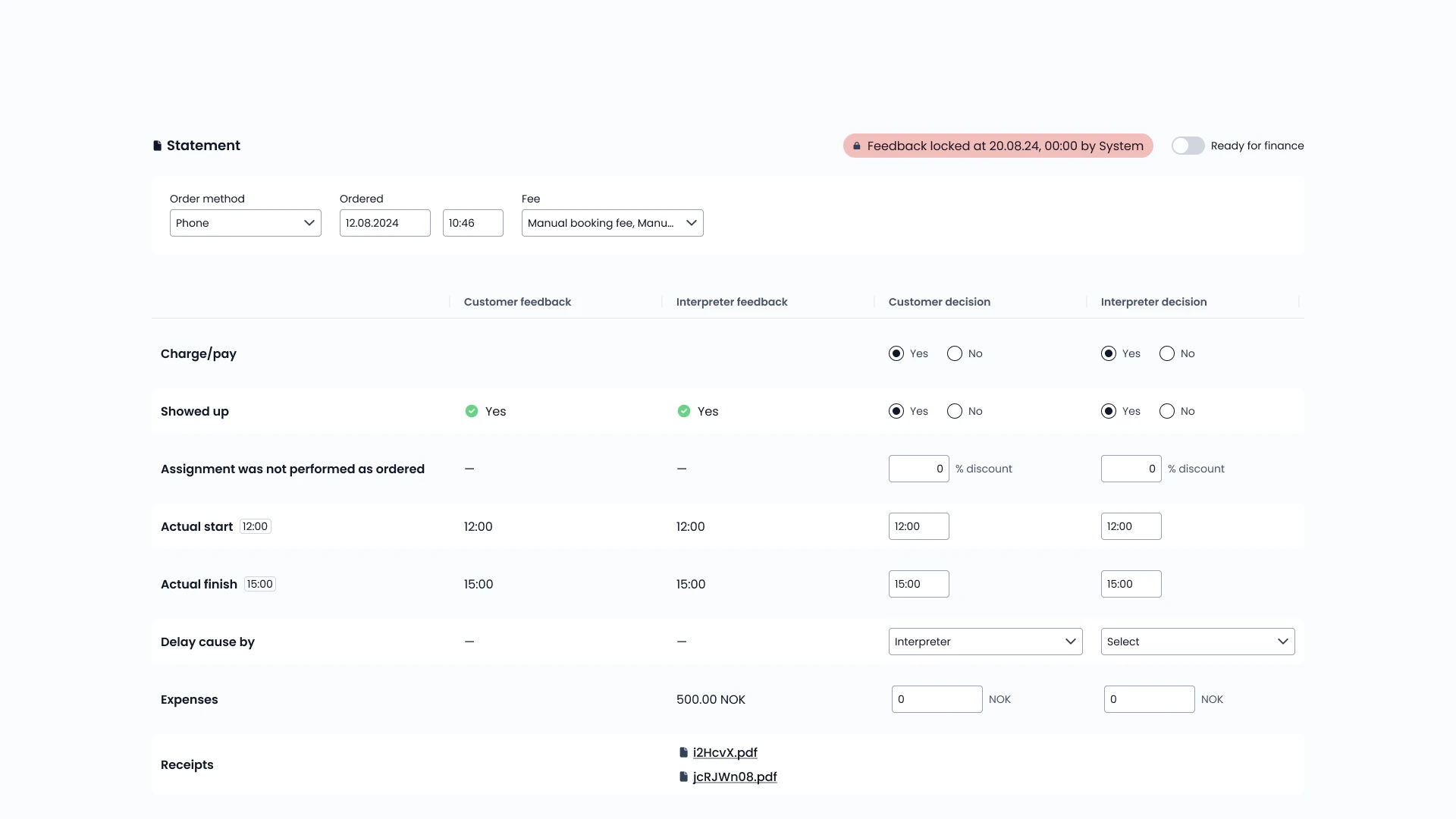 Assignment statement comparing customer and interpreter feedback side by side, with decisions on charging, actual times, expenses and uploaded receipts.
