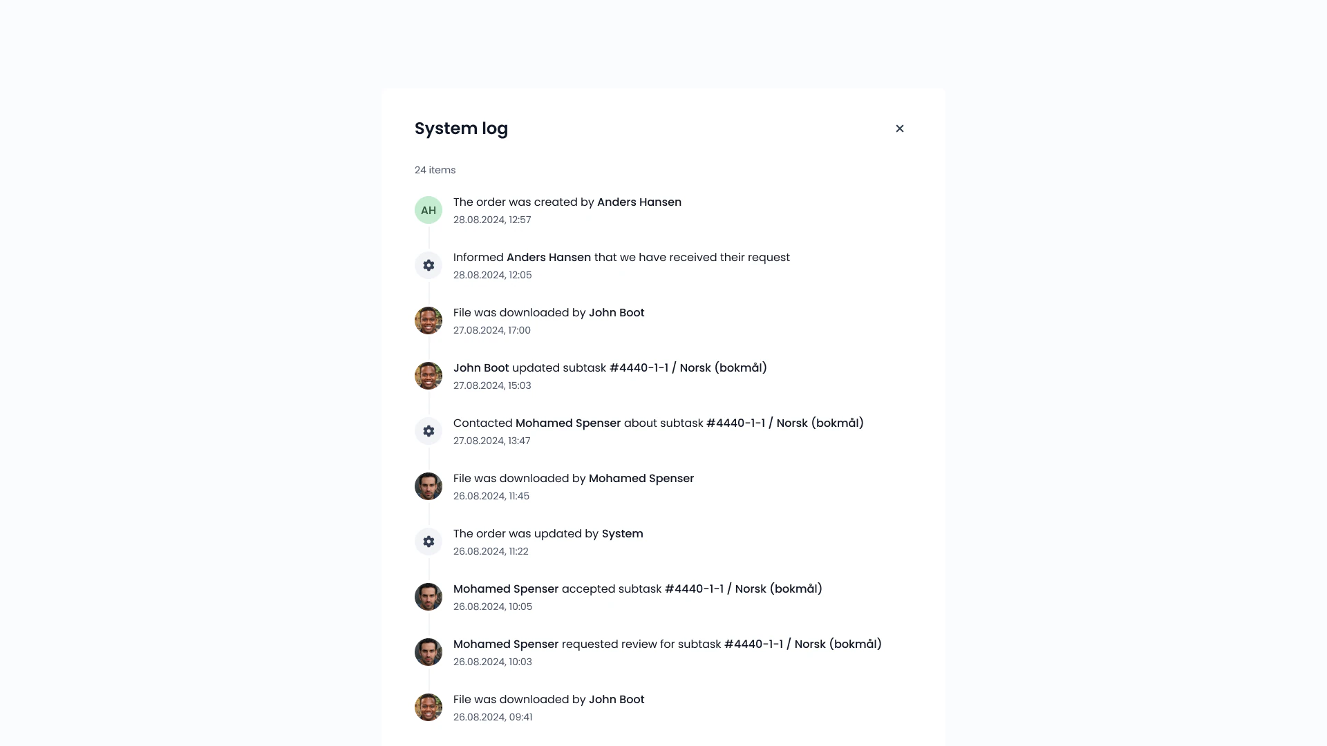 System log modal listing timestamped order events — creation, file downloads, subtask updates and notifications — with the people involved.