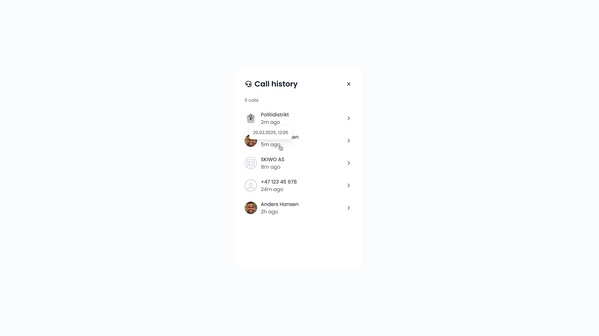 Call history panel listing five recent calls with people and organizations, each with a relative timestamp.