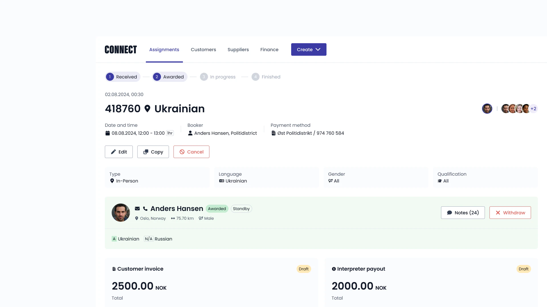 Connect assignment page for an in-person Ukrainian interpretation job, with a four-step status tracker, the awarded interpreter and draft customer invoice and interpreter payout.