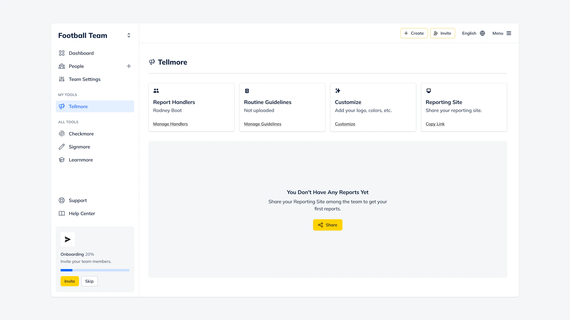 Tellmore module overview with cards for report handlers, routine guidelines, branding customization and a shareable reporting site, plus an empty state prompting the team to collect its first reports.