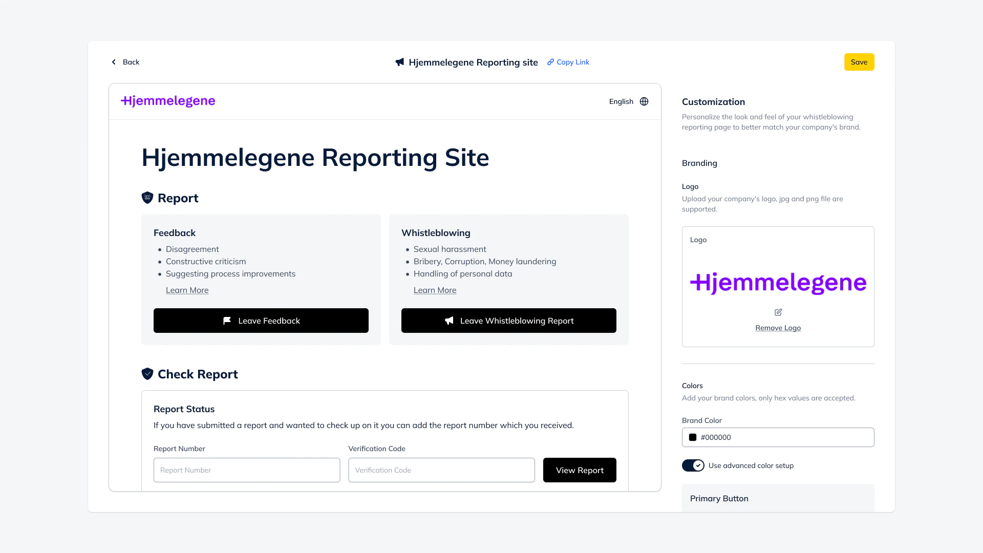 Whistleblowing reporting site editor showing a live preview of a customer-branded page next to a customization panel for logo and brand colors.