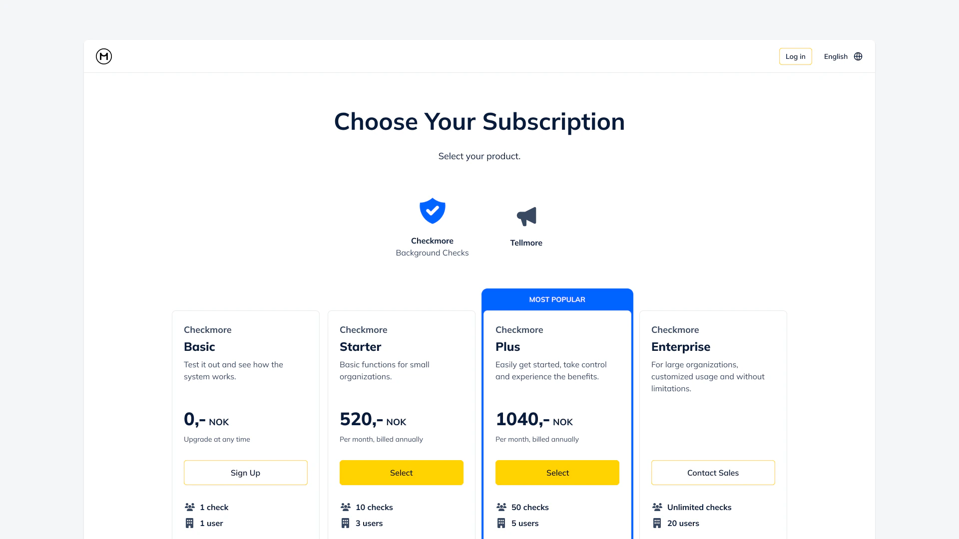 Subscription page with four Checkmore pricing tiers — Basic, Starter, Plus and Enterprise — with the Plus plan highlighted as most popular.