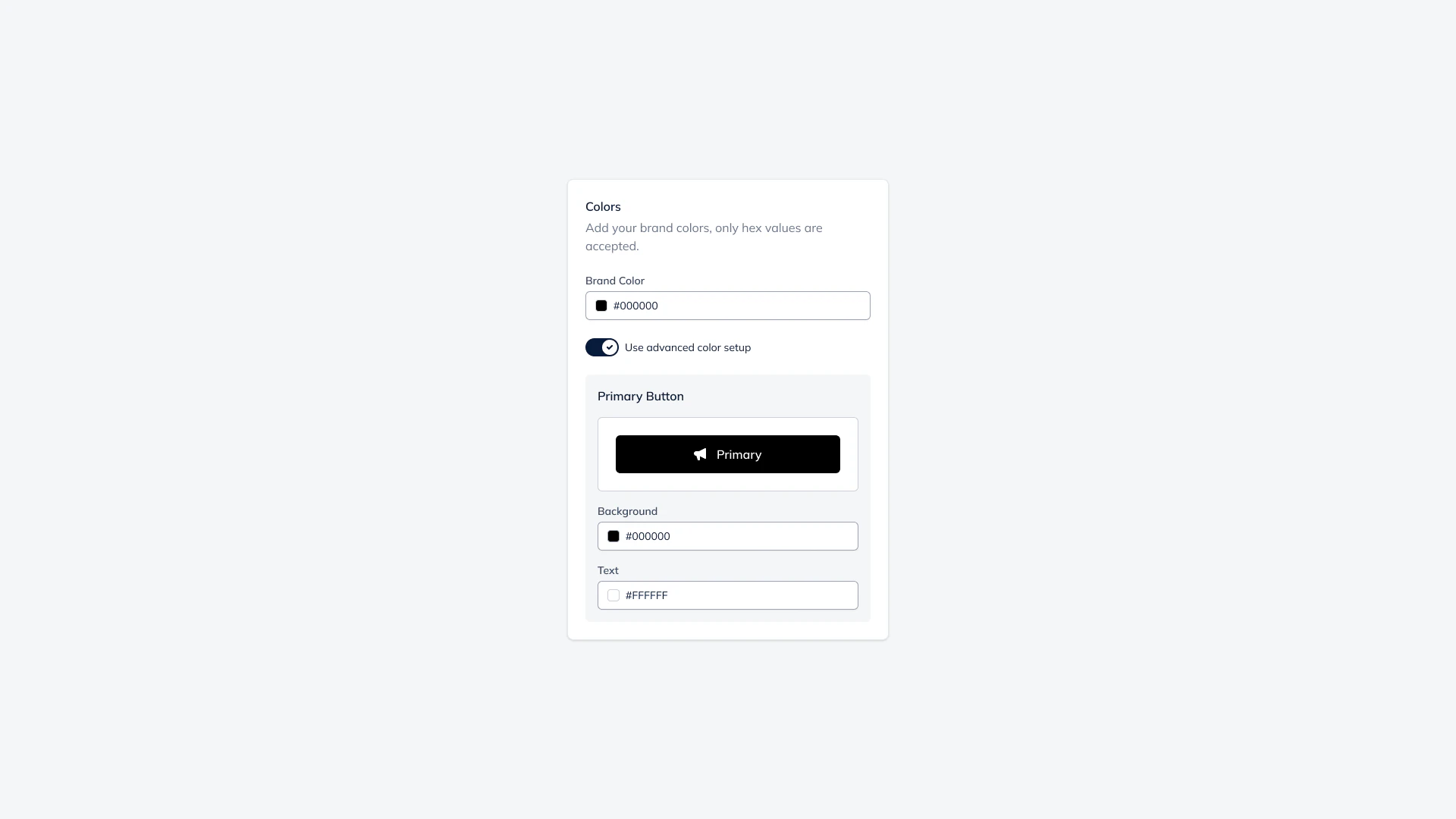 Advanced color setup for white-label branding, with hex inputs for background and text and a live primary-button preview.