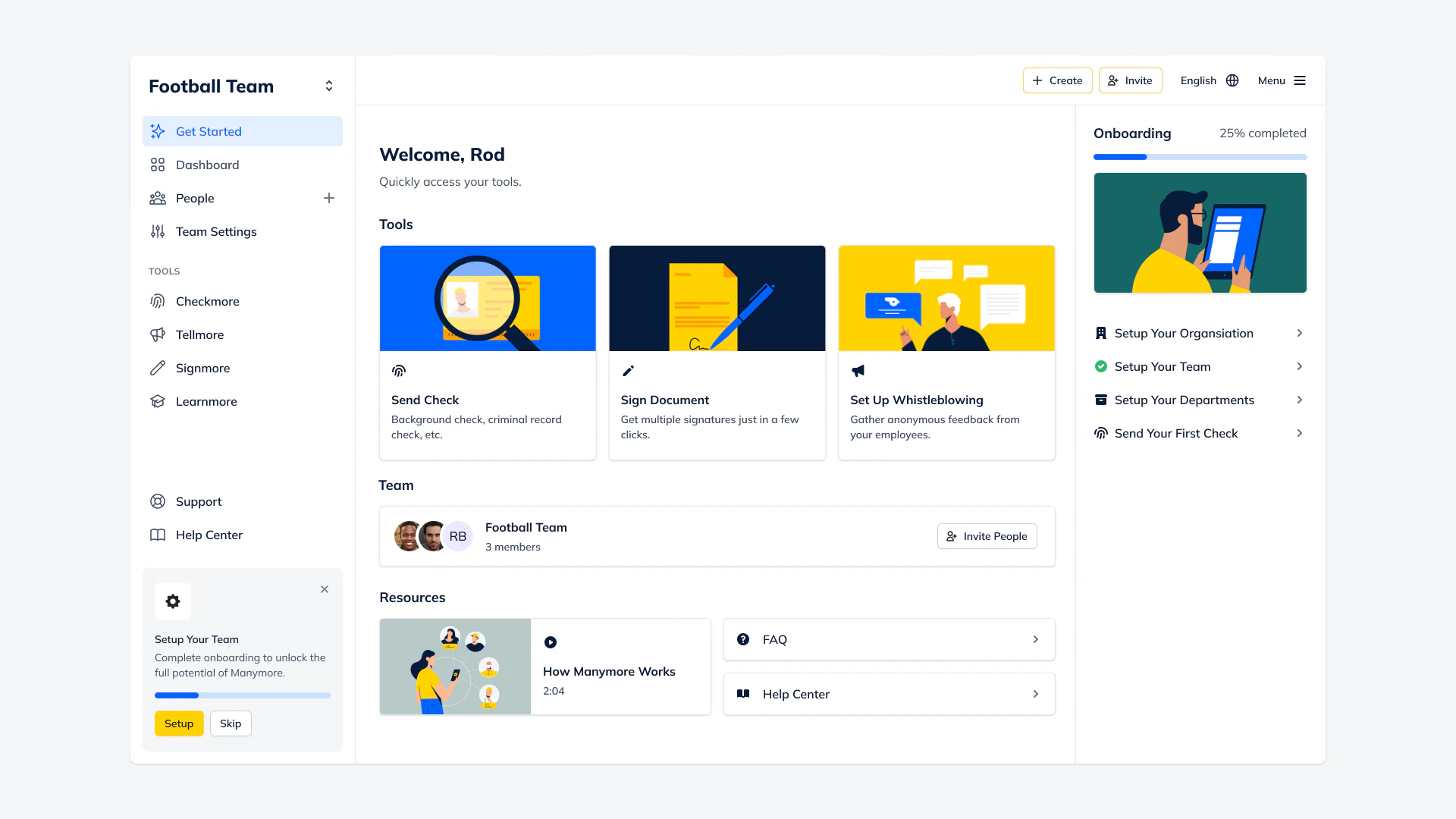 Manymore dashboard home screen welcoming a new user, with tool cards for background checks, document signing and whistleblowing, and an onboarding checklist at 25% complete.