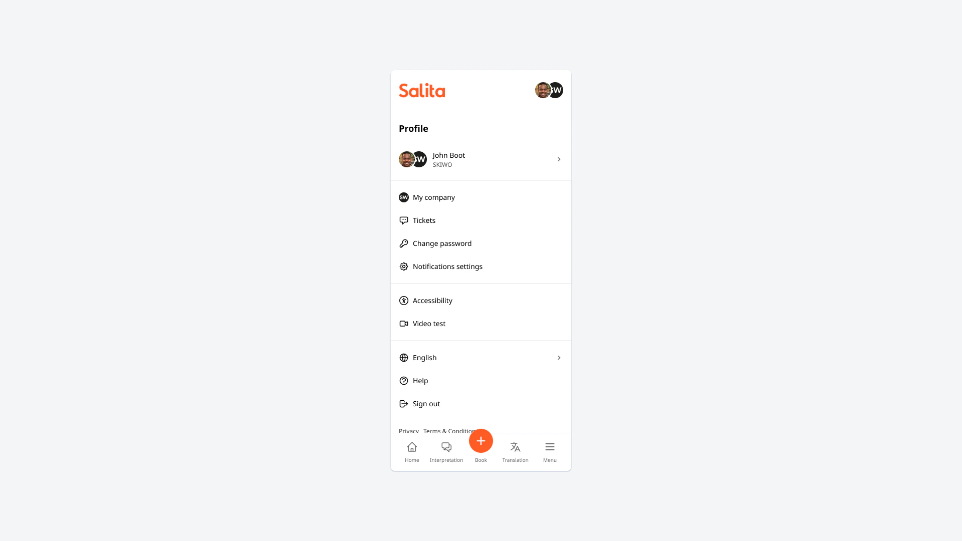 Salita mobile profile menu with account details, company, password, notifications, accessibility and language settings.