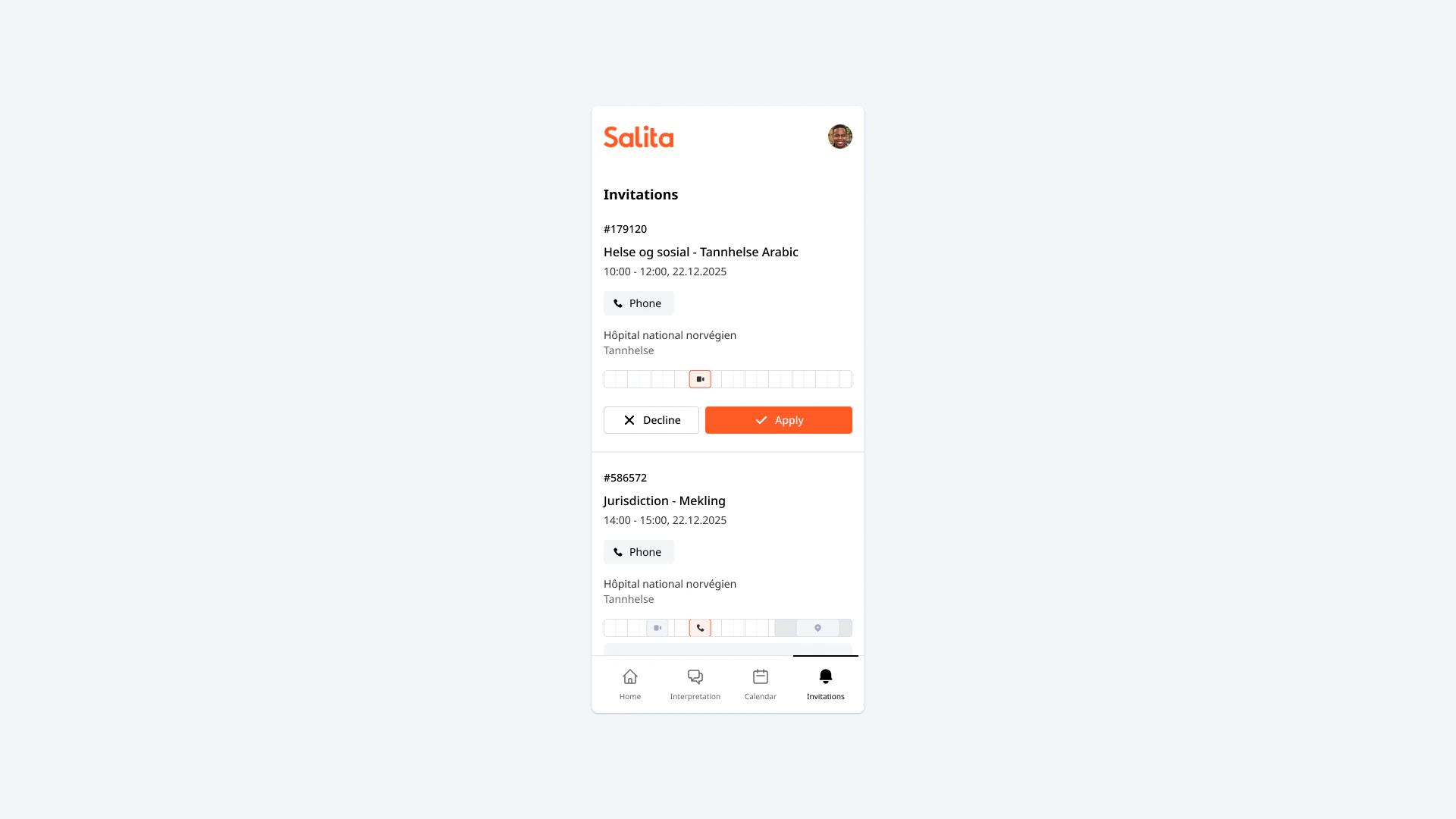 Mobile invitations list where an interpreter can apply to or decline upcoming phone interpretation assignments, each with time, topic and client.