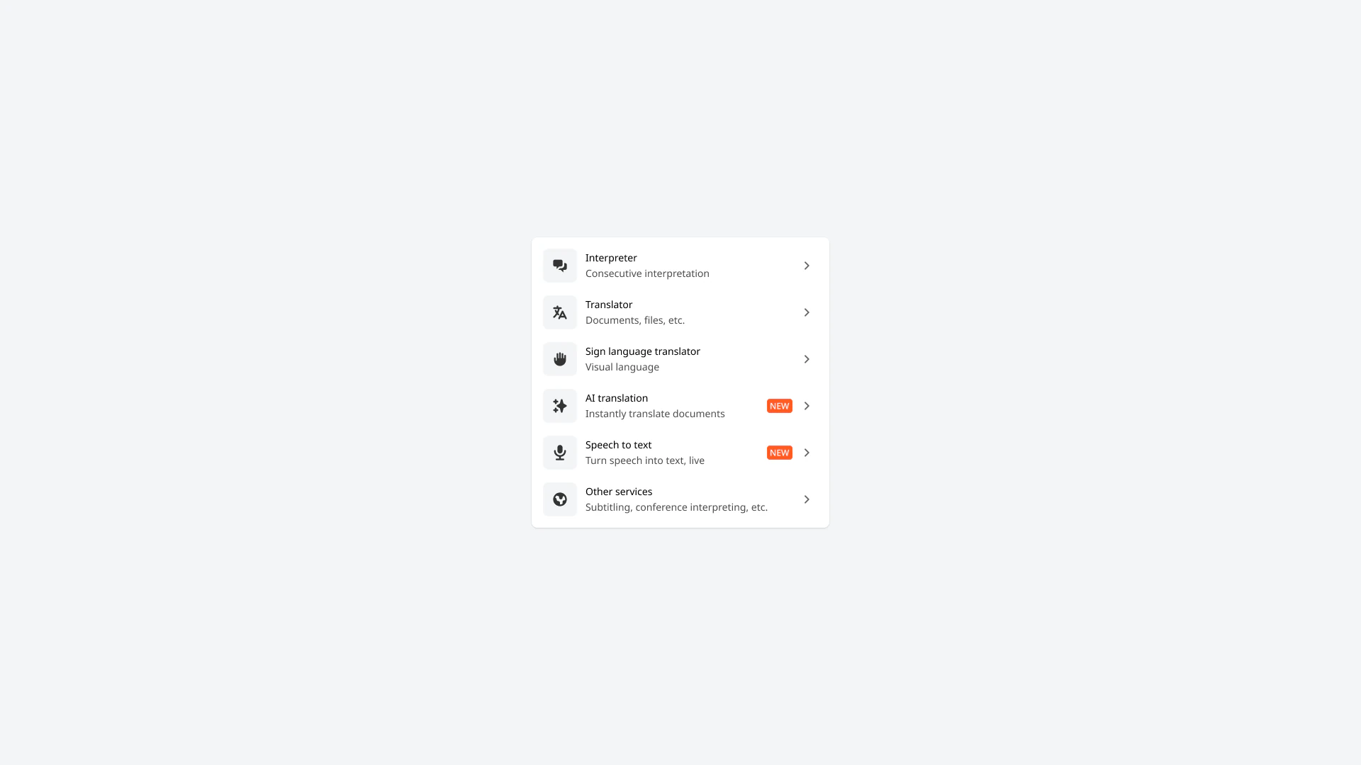 Booking service picker listing interpreter, translator, sign language translator, AI translation, speech to text and other services.