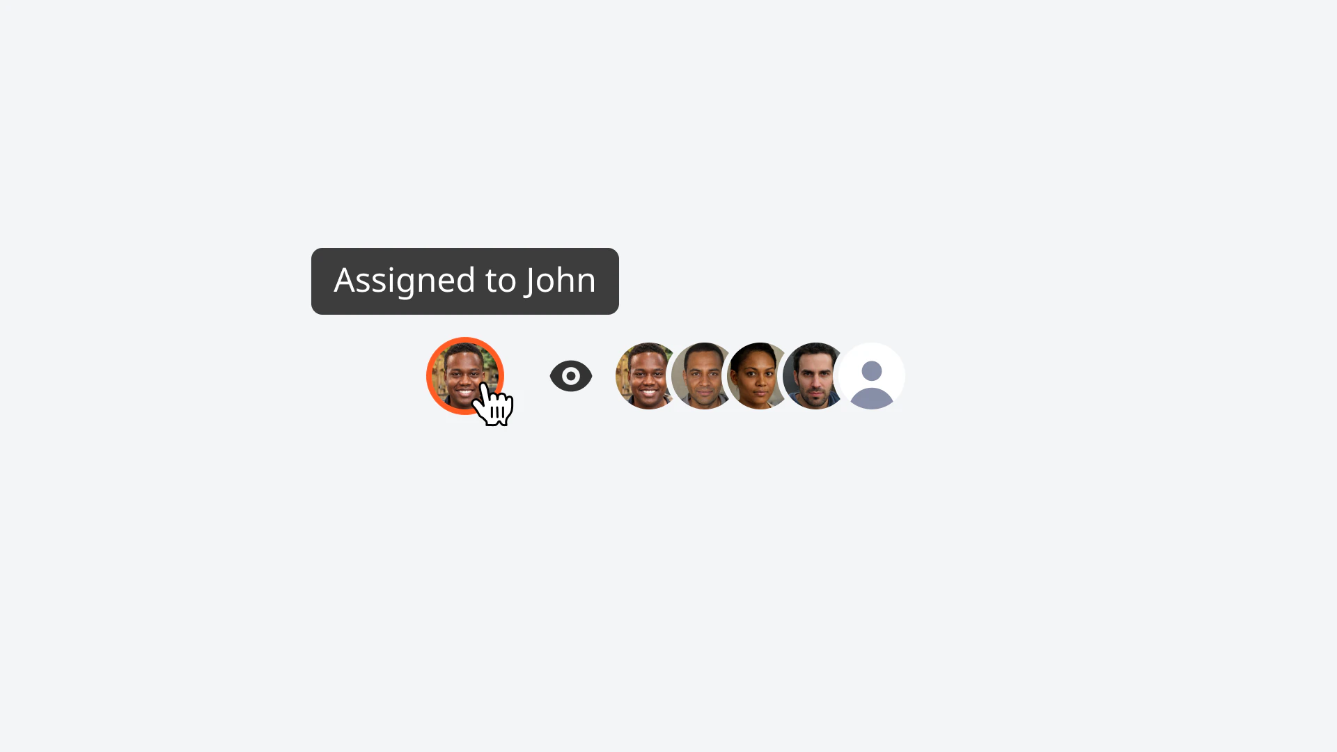 Avatar group component from the design system, showing an 'Assigned to John' tooltip over a row of team member avatars.