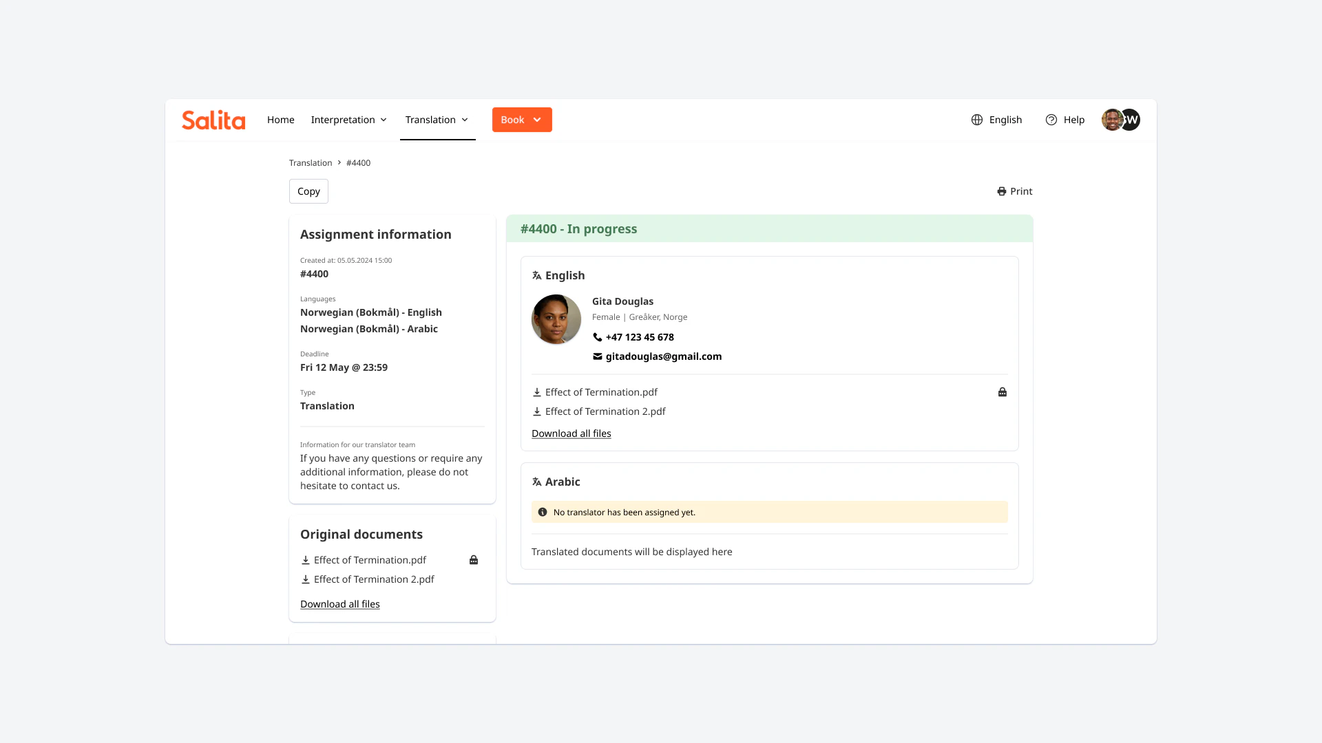 Salita translation order page showing assignment information, original documents and per-language status — an English translator assigned and Arabic still awaiting one.