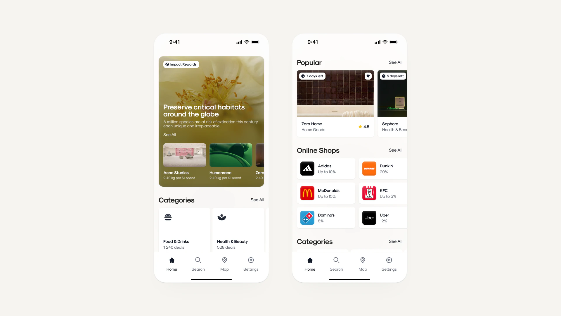 Two Shagy screens: an Impact Rewards banner about preserving critical habitats with per-brand impact rates, and a home view of popular deals and online shops with cashback percentages.