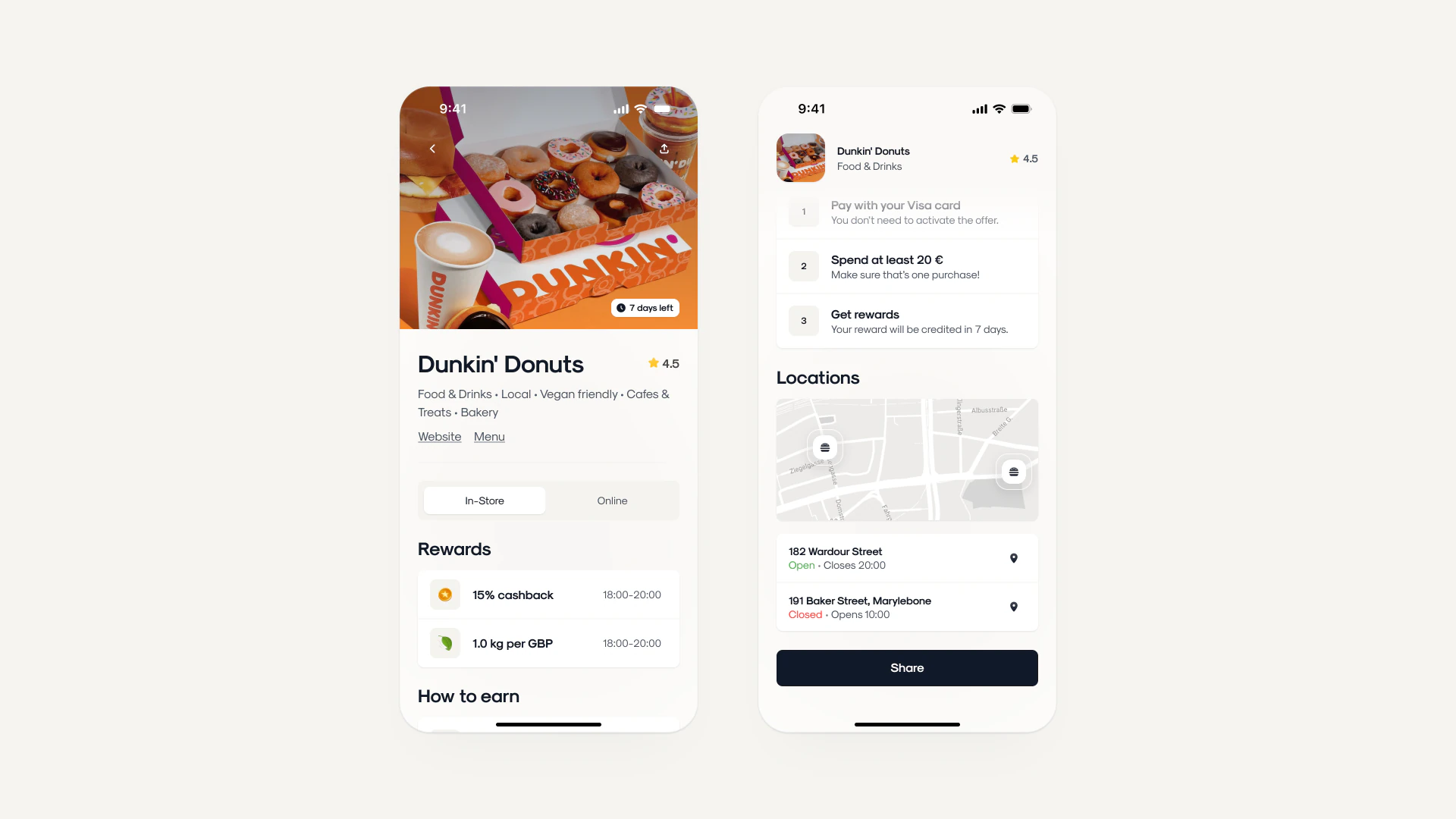 Dunkin' Donuts merchant page on Shagy with 15% cashback rewards, three how-to-earn steps — pay with your card, spend at least 20 €, get rewards — and a map of nearby locations.