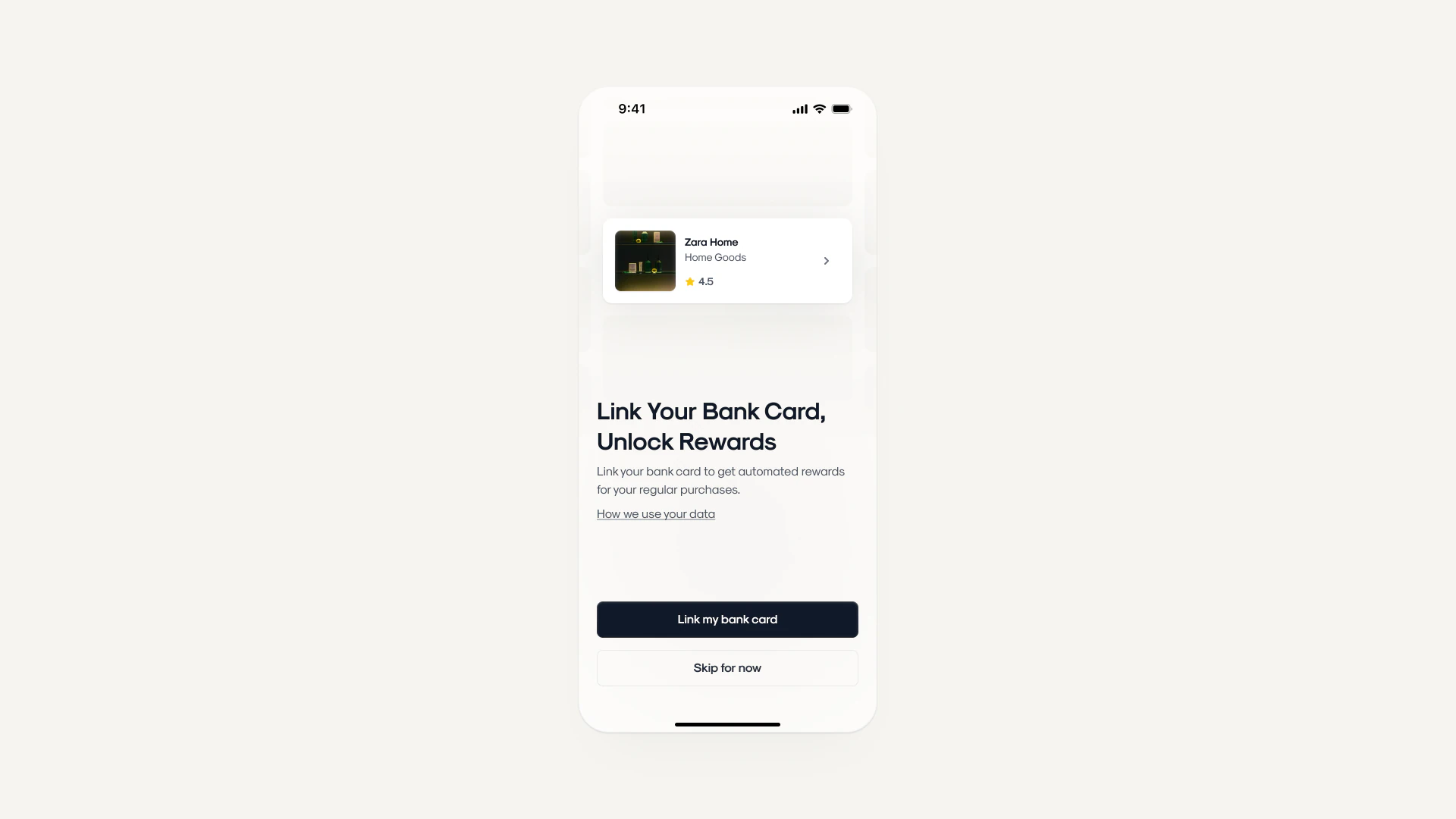 Onboarding screen inviting the user to link their bank card to unlock automatic rewards, with 'Link my bank card' and 'Skip for now' buttons.