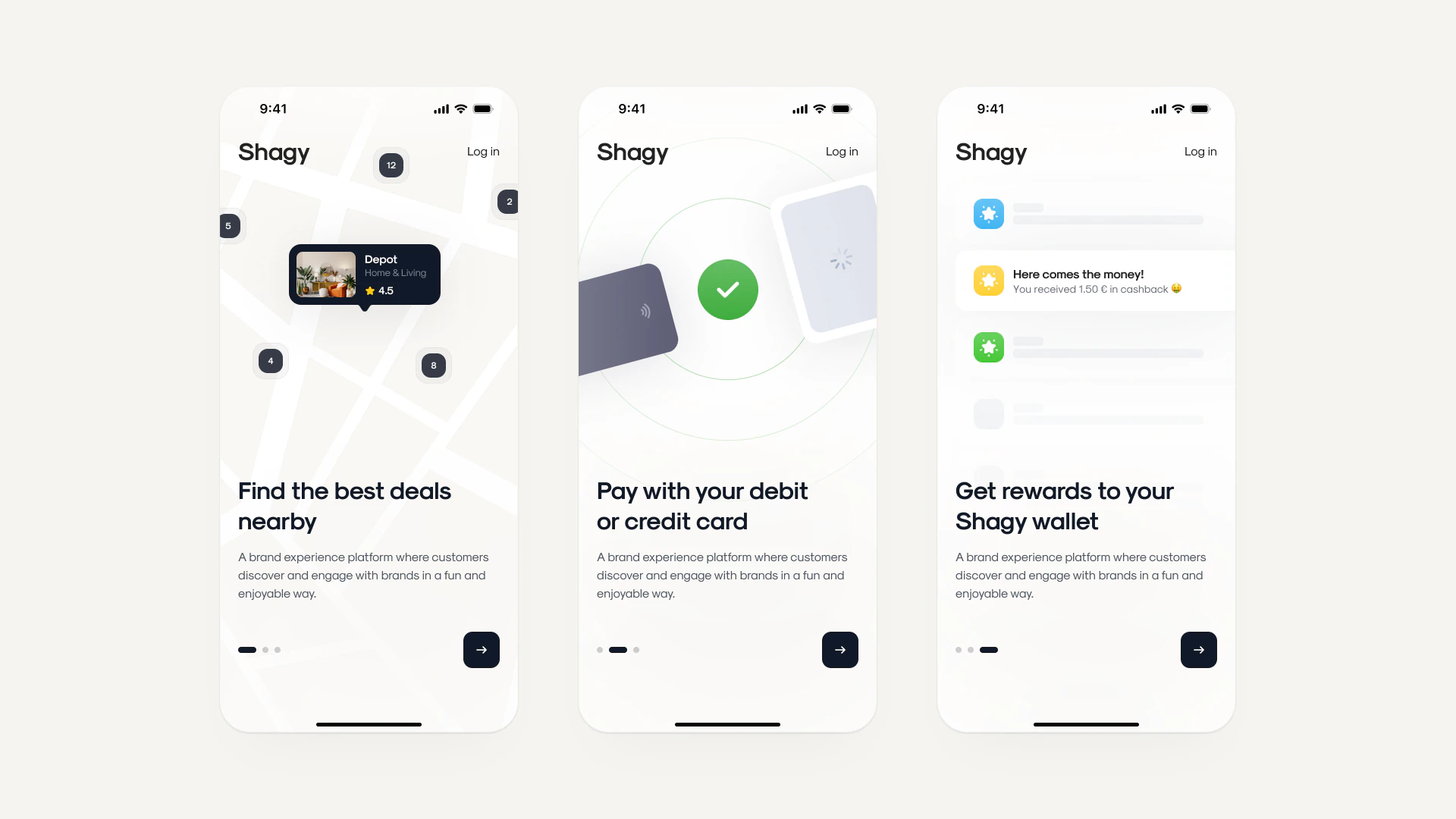 Three onboarding screens: find the best deals nearby on a map, pay with your debit or credit card, and get rewards to your Shagy wallet.