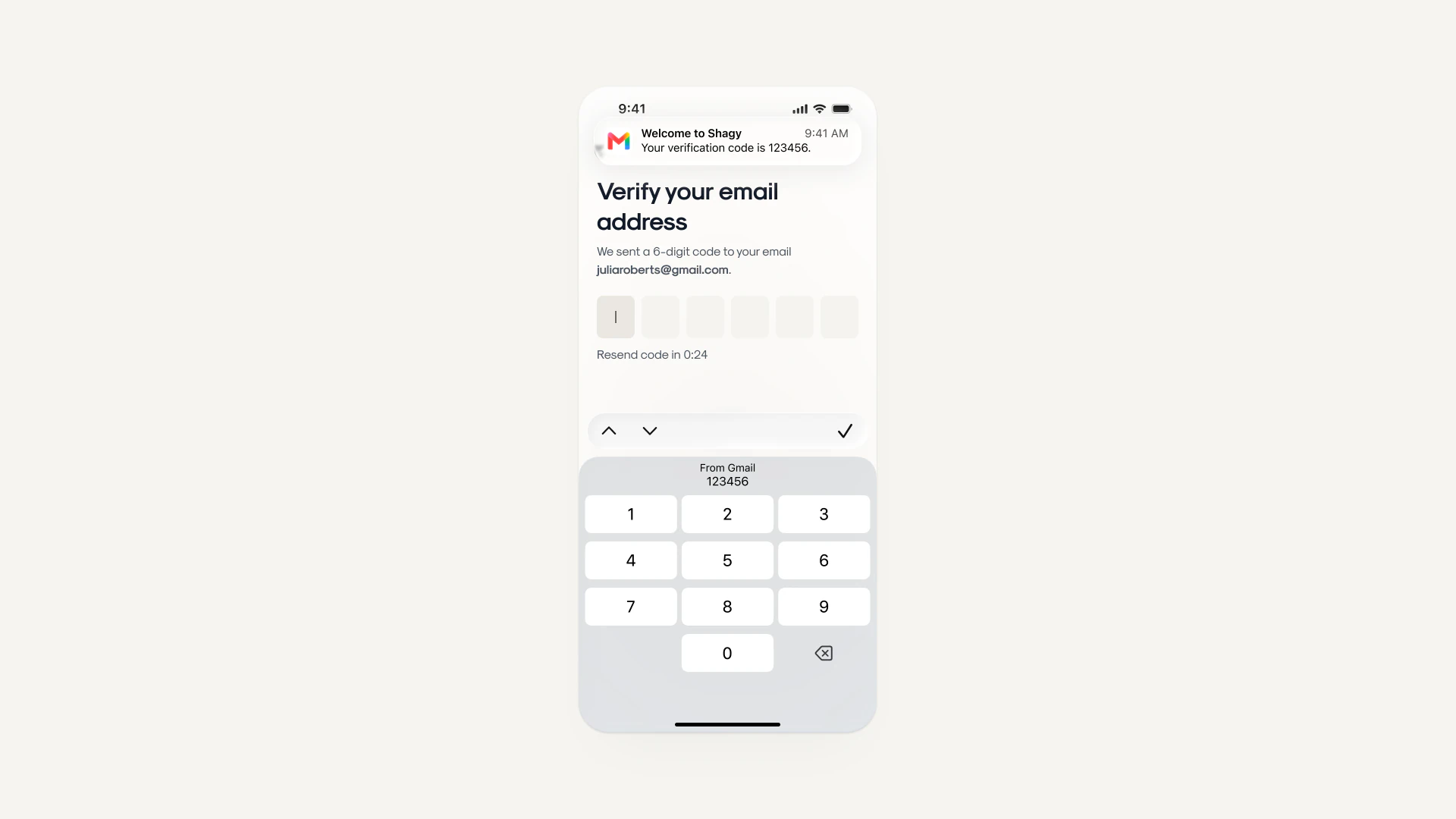 Email verification screen with a six-digit code input, a Gmail notification showing the code, and the keyboard suggesting it for one-tap entry.