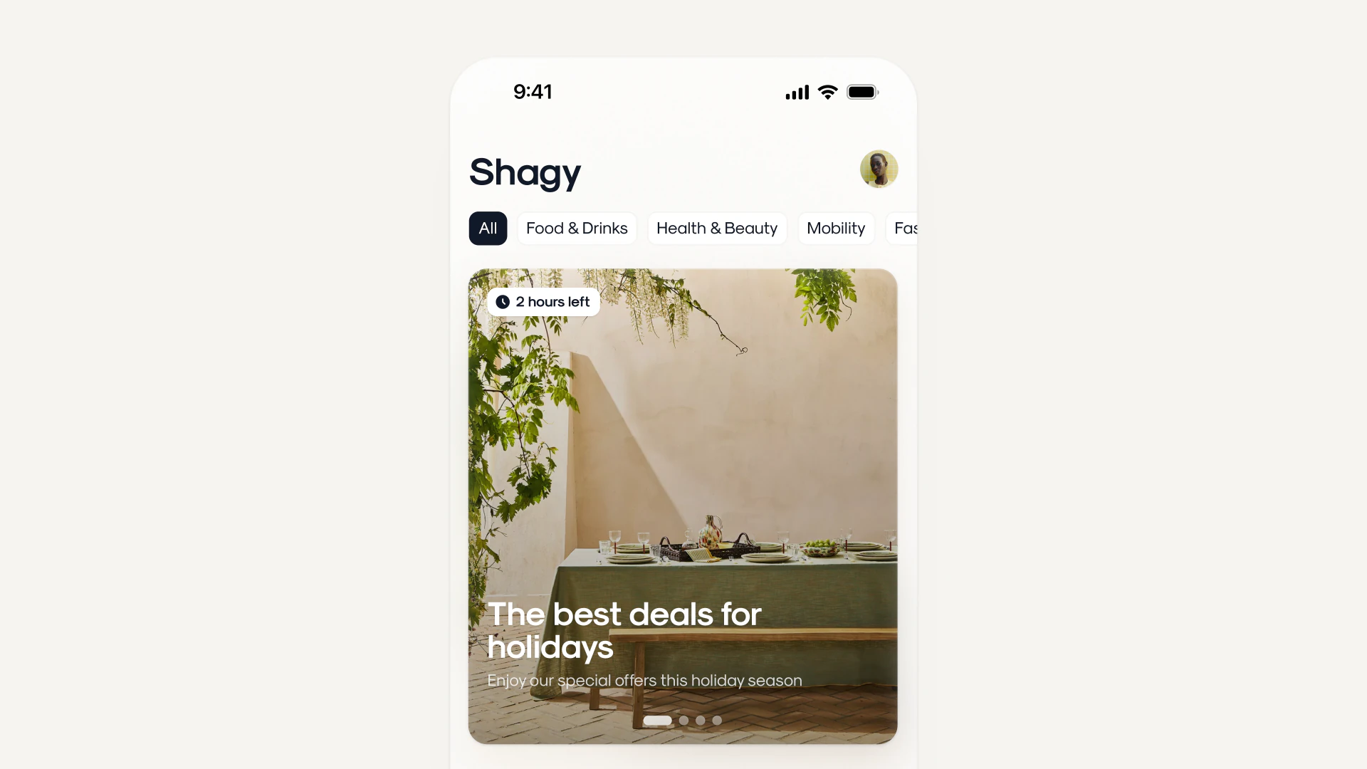 Shagy home screen with deal category filters and a featured holiday-offers card marked '2 hours left'.